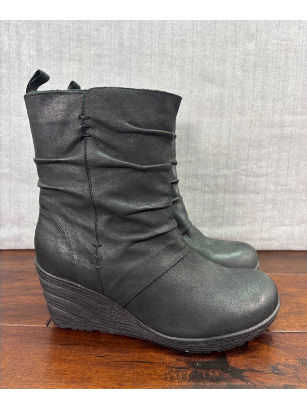 Miz Mooz Black Ruched Wedge Ankle Boots